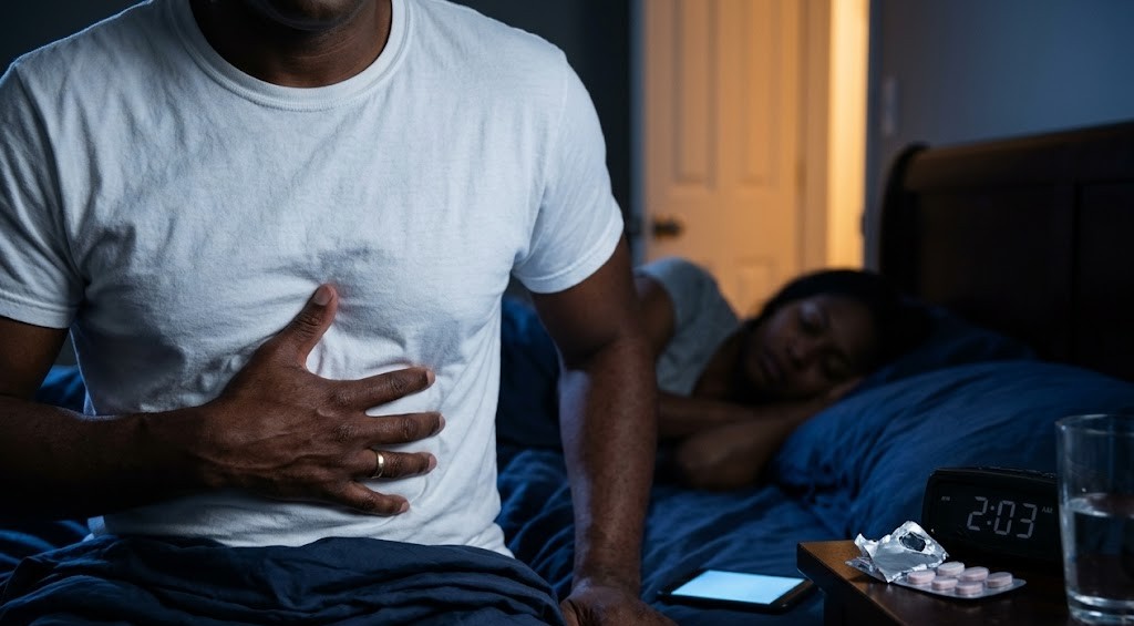 Man sitting up at 2am with hand on stomach
